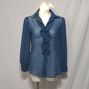 Fun 2 Fun Sheer Georgette Ruffled Collar Button Down Long Sleeve Blouse Small